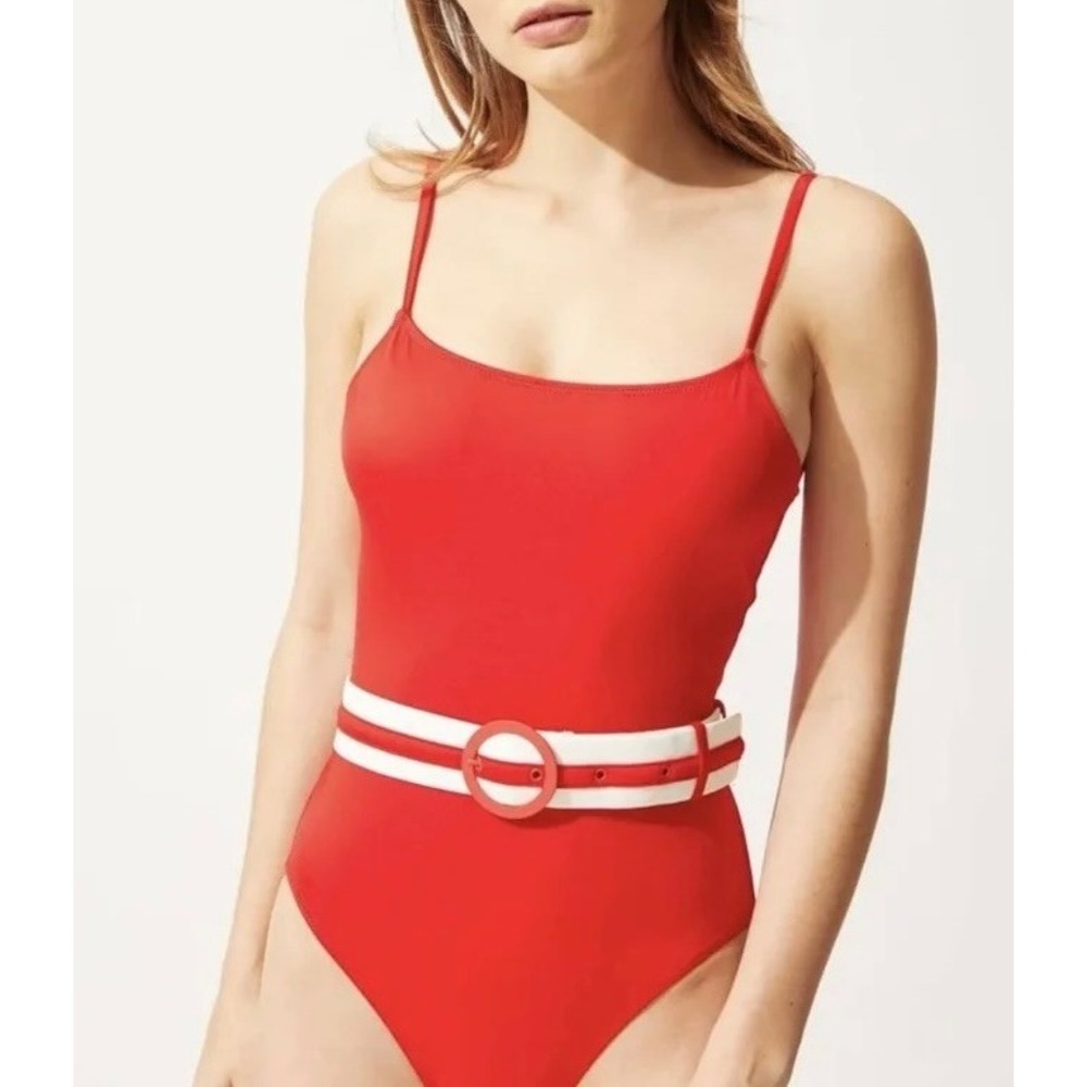 SOLID AND STRIPED THE NINA BELT ONE PIECE IN RUBY SIZE MEDIUM